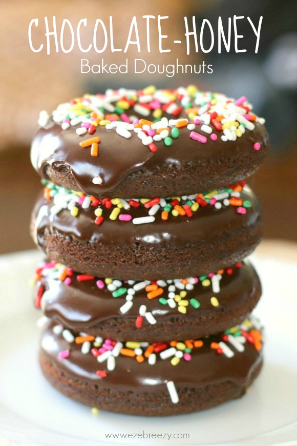 baked chocolate doughnuts stacked