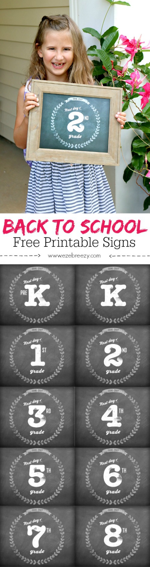 Capture your child's first day of school with these adorable FREE printable chalkboard signs from preschool through 8th grade!