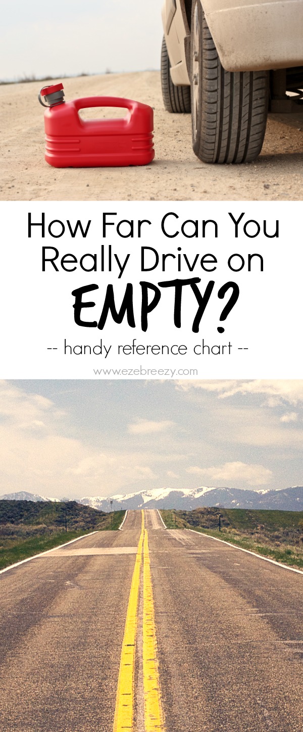 DRIVING ON EMPTY - Ever wonder how far you can drive you car once the fuel light comes on? Find your car on this handy reference chart to find out! Great to know for family vacation, road trips with friends or just for driving around town | www.ezebreezy.com