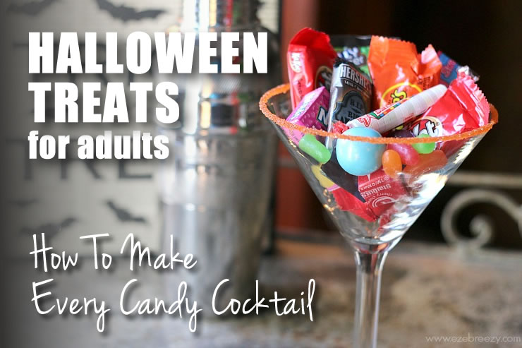 These candy cocktails put the perfect spin on your favorite sweet treat! Fun chart includes 60 recipes for candy-inspired drinks including chocolates like Snickers and Reeses’s Peanut Butter Cups (yay!), as well as other candies like Lemonheads and Starburst. | ezebreezy.com