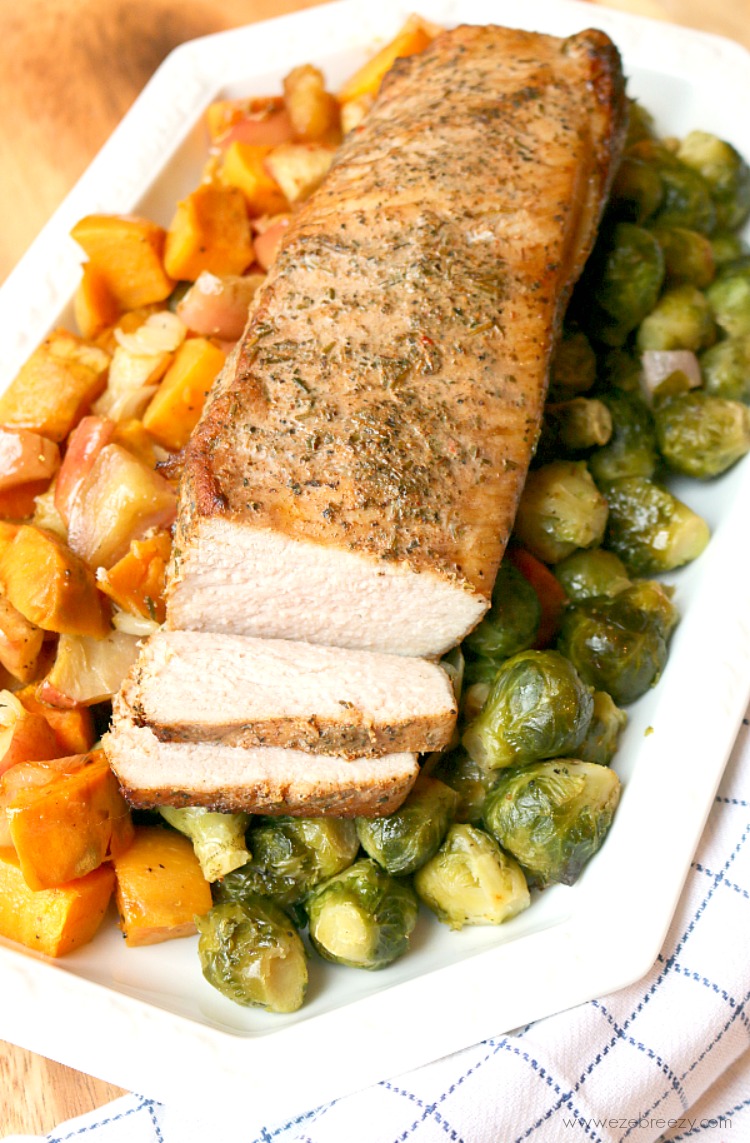 One Pan Pork Tenderloin - Make dinner time easy with this tender, juicy marinated roasted pork with seasonal vegetables. On the table in under 30 minutes! #RealFlavorRealFast #IC (ad)