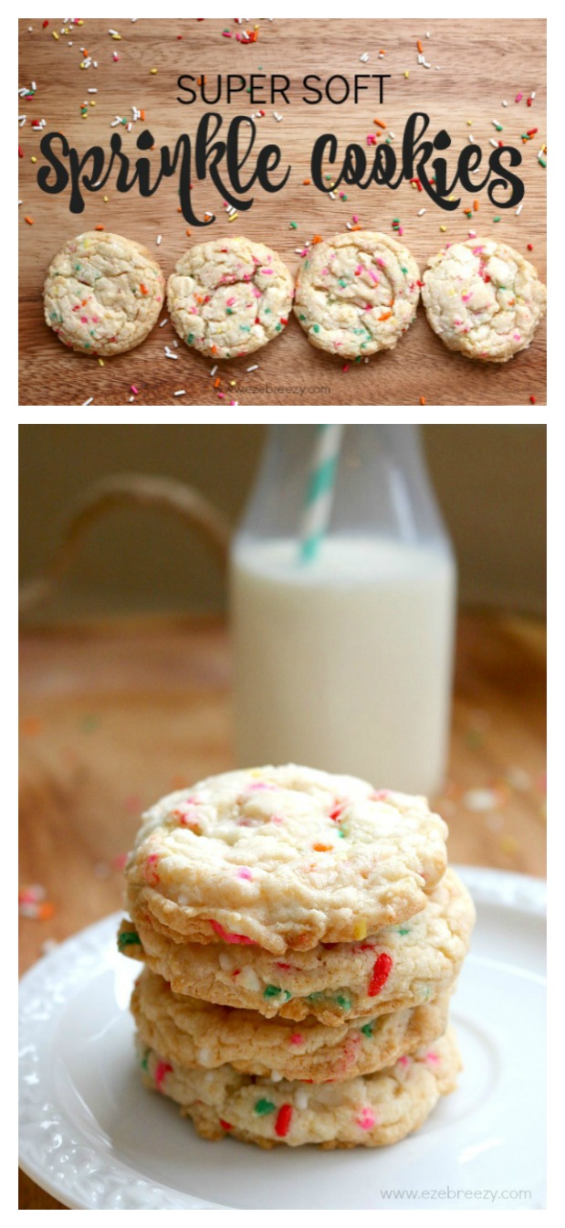 This simple sprinkle cookie recipe uses cake mix and is easy to make and Oh-so DELICIOUS | www.ezebreezy.com || cake mix cookie recipe