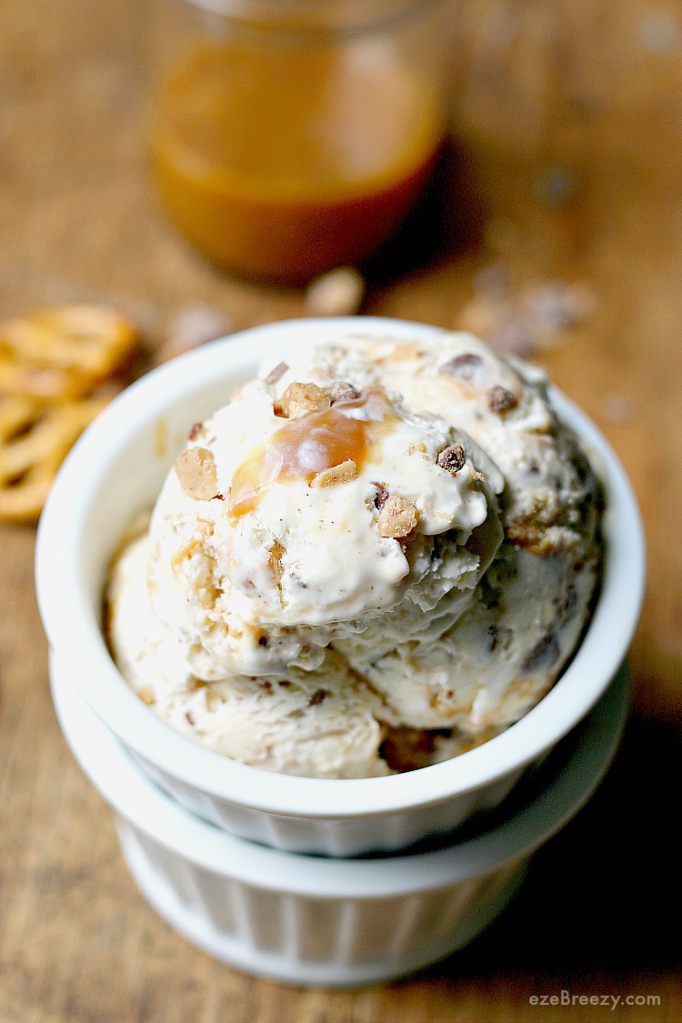 No Churn Salted Caramel Toffee Ice Cream - This quick and easy no churn vanilla bean ice cream bursting with salted caramel, toffee bits, and pretzels! The perfect ice cream treat for summer!