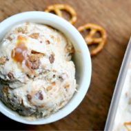 No Churn Salted Caramel Toffee Ice Cream - This quick and easy no churn vanilla bean ice cream bursting with salted caramel, toffee bits, and pretzels! The perfect ice cream treat for summer!