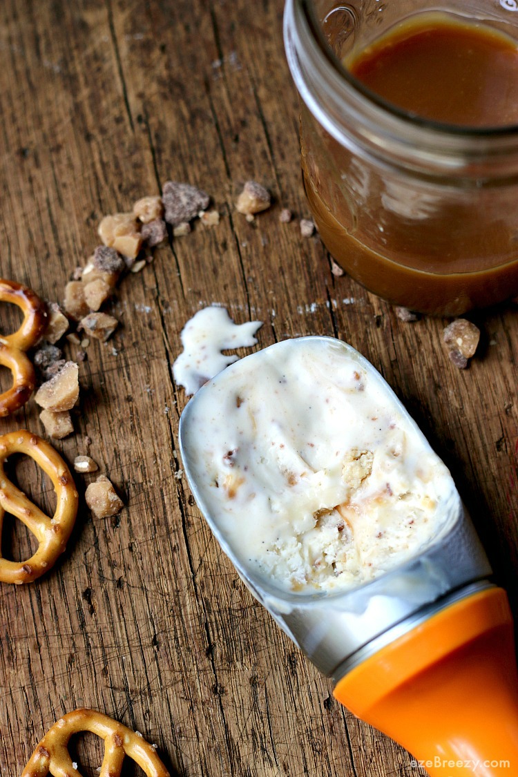 No Churn Salted Caramel Toffee Ice Cream - This quick and easy no churn vanilla bean ice cream bursting with salted caramel, toffee bits, and pretzels! The perfect ice cream treat for summer!