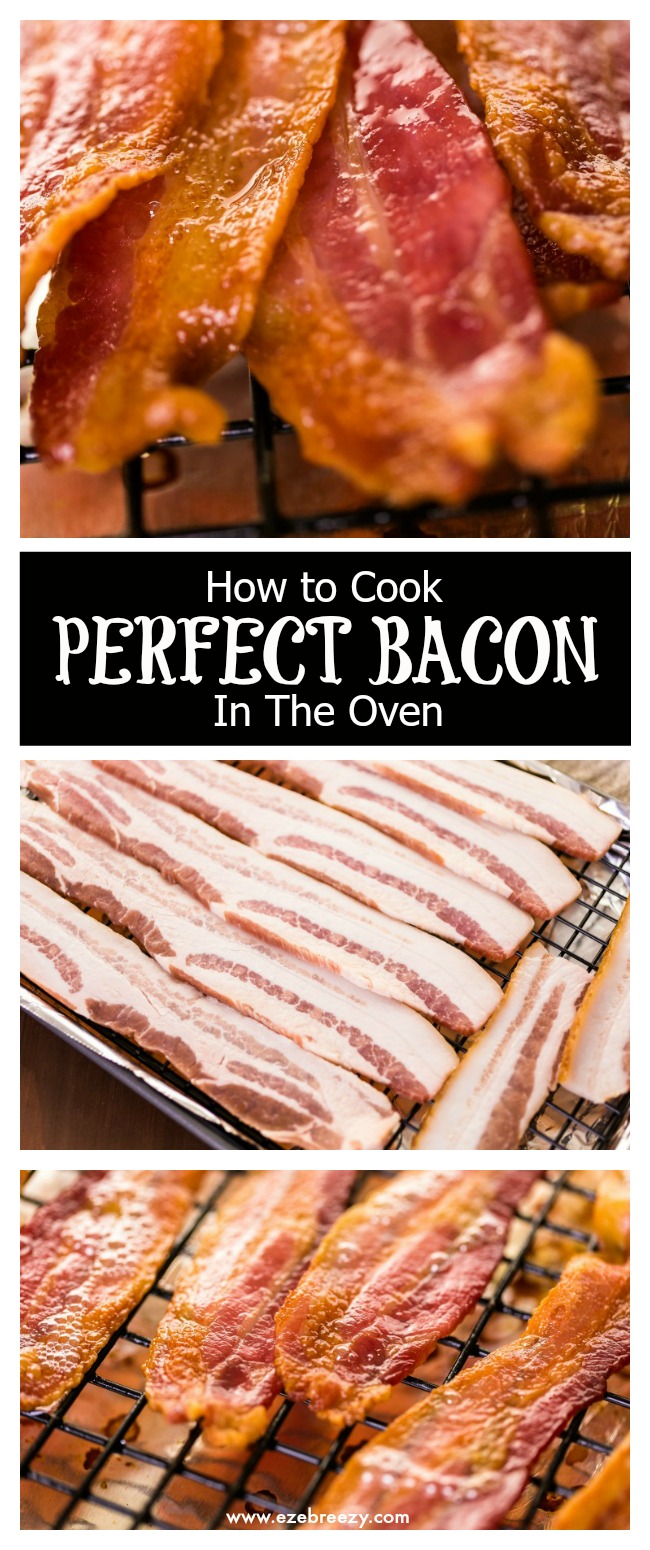 BEST way to cook perfect bacon is in the oven. Crisp & golden brown - oven baked bacon is the way to go. Practically mess-free and ready in under 20 minutes | www.ezebreezy.com | #bacon #perfectbacon #recipe
